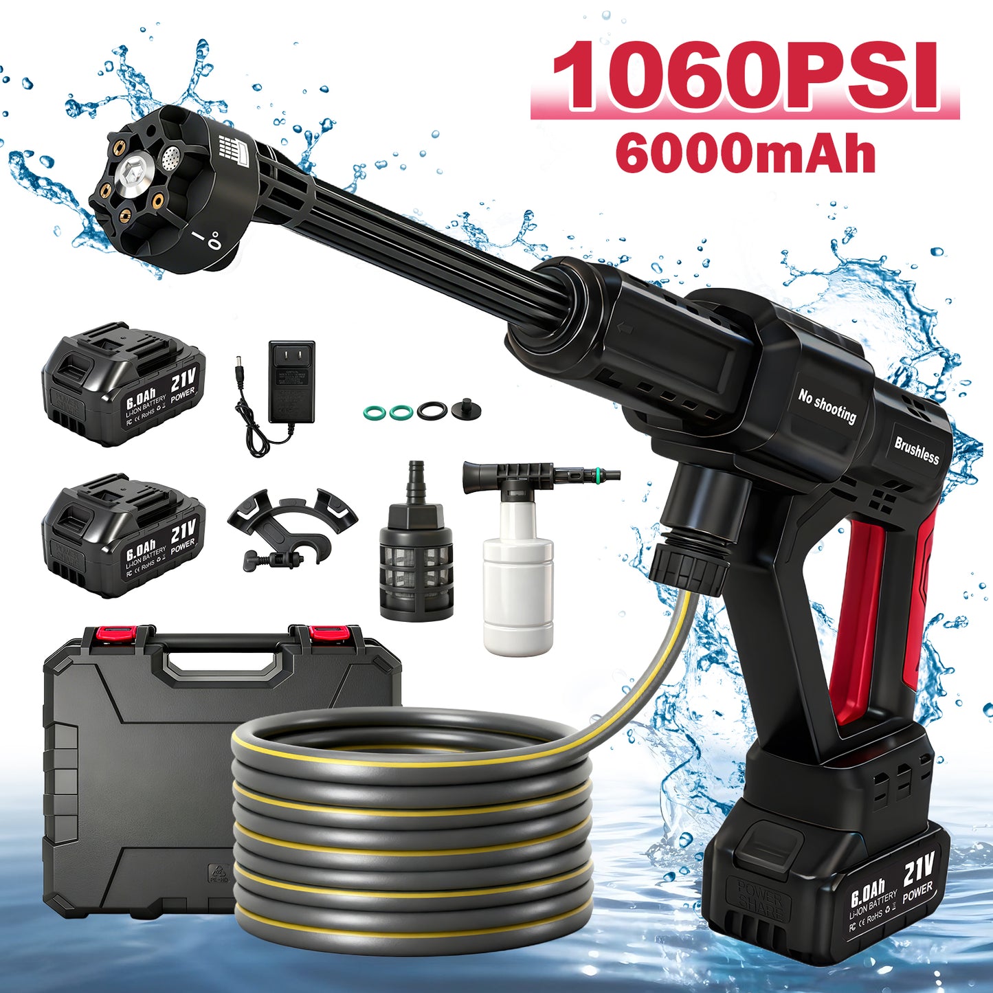 Cordless Pressure Washer, 1060PSI Portable Power Washer with LED Display, 2.8GPM Power Cleaner with 6-in-1 Adjustable Nozzle, 16.4ft Hose for Cars/Patios, Black