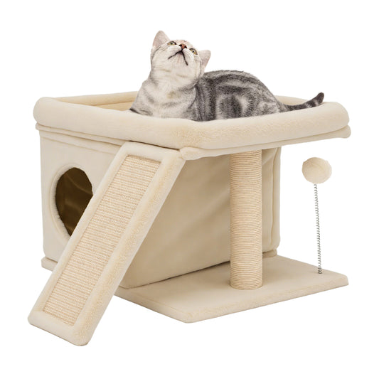 Cat Tree Tower with Perch Bed and Washable Top, Cat Tree with Sisal Scratching Posts, Condos, Plush Perches, Hanging Cat Toys, Extended Platform for Cats to Play and Sleep, Beige