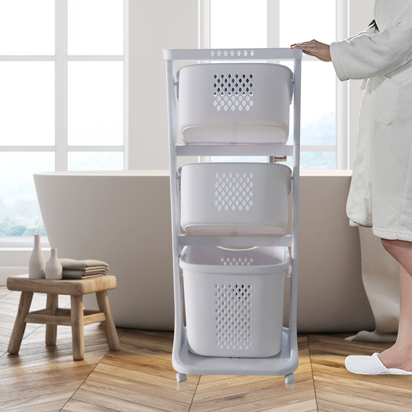 3-Tier Laundry Hamper Basket Sorter Bathroom Organizer with Wheels Movable Clothes Storage Basket Kitchen Shelf Fruit Stand 360¡ã Rolling Cart