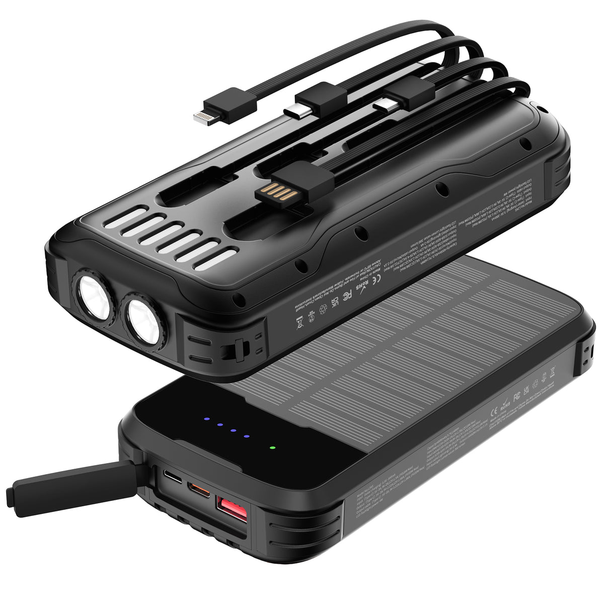 40000mAh Solar Power Bank Black, Portable Charger 20W PD Fast Charging, Solar Charger Power Bank W/4 Built-in Cables & 9 Charging Ways, Waterproof Dual LED Flashlights for Camping Hiking