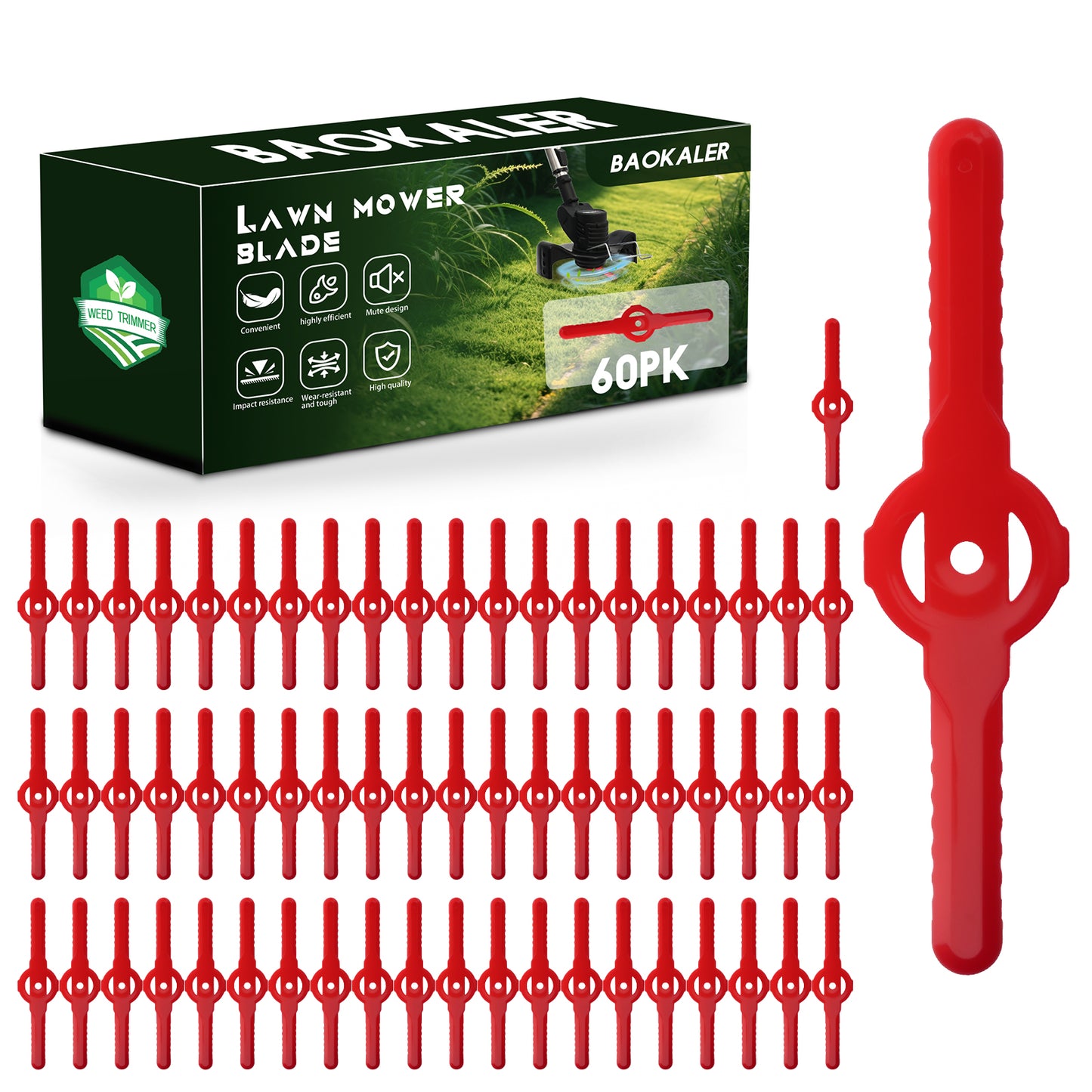 BAOKALER 60 PCS String Trimmer Head Blades Replace, Plastic Weed Trimmer Blades, Weed Wacker Replacement Blades, Machine Trimming Blades, Universal for Mainstream Cordless Grass Trimmer, Red