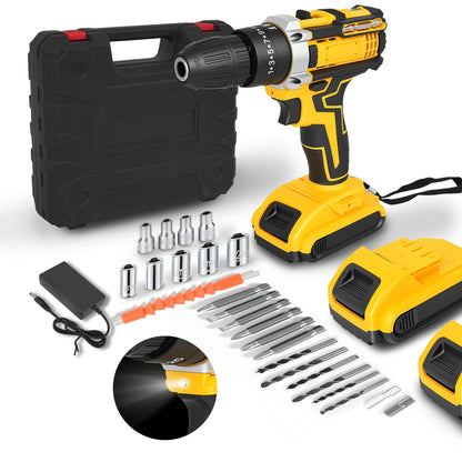 21V Cordless Drill Set, Electric Power Drill 50Nm with 3/8 Inch Keyless Chuck, 25+1 Clutch Compact Driver Drill with Work Light, Dual-Speed Power & 2 Battery and Fast Charger