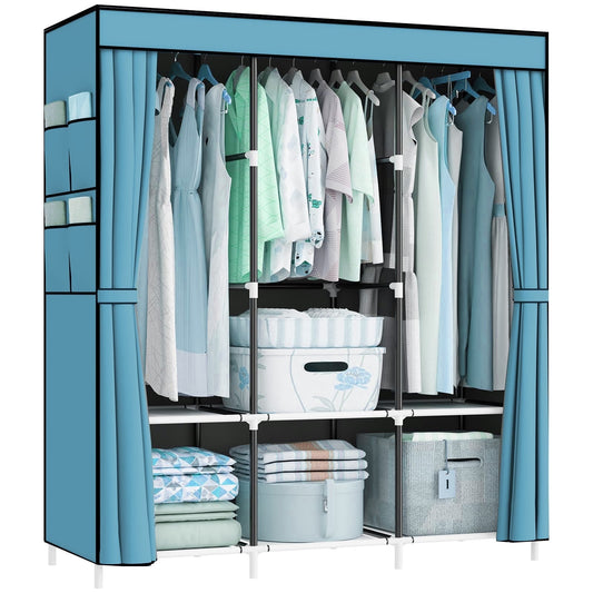 Portable Closet Organizers and Storage, Dustproof Non-Woven Fabric Wardrobe Closet Clothes Rack Shelf for Home, Sky Blue