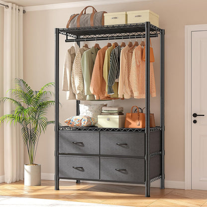 Clothing Rack Heavy Duty Clothes Rack for Hanging Clothes Adjustable Wardrobe Closet with 4 Drawers Freestanding Garment Rack for Extra Closet Space, Black