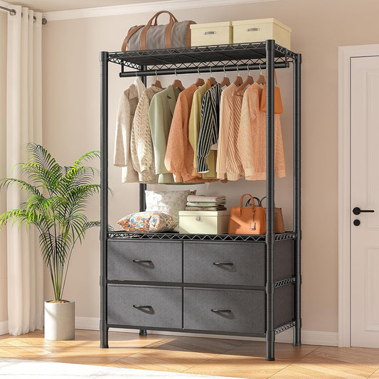 Clothing Rack Heavy Duty Clothes Rack for Hanging Clothes Adjustable Wardrobe Closet with 4 Drawers Freestanding Garment Rack for Extra Closet Space, Black