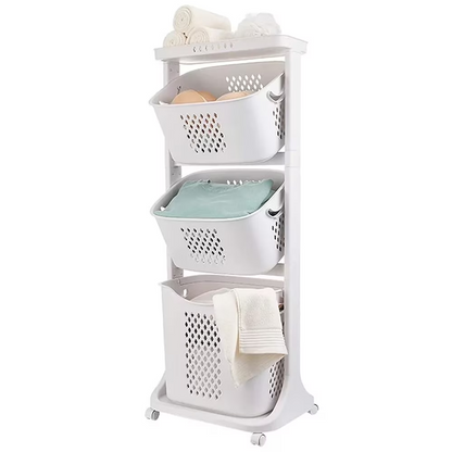 3 Tiers Hamper with Wheels, Rolling Cart Rolling Laundry Clothing Organization Bathroom Storage Shelves, 17"13"43"
