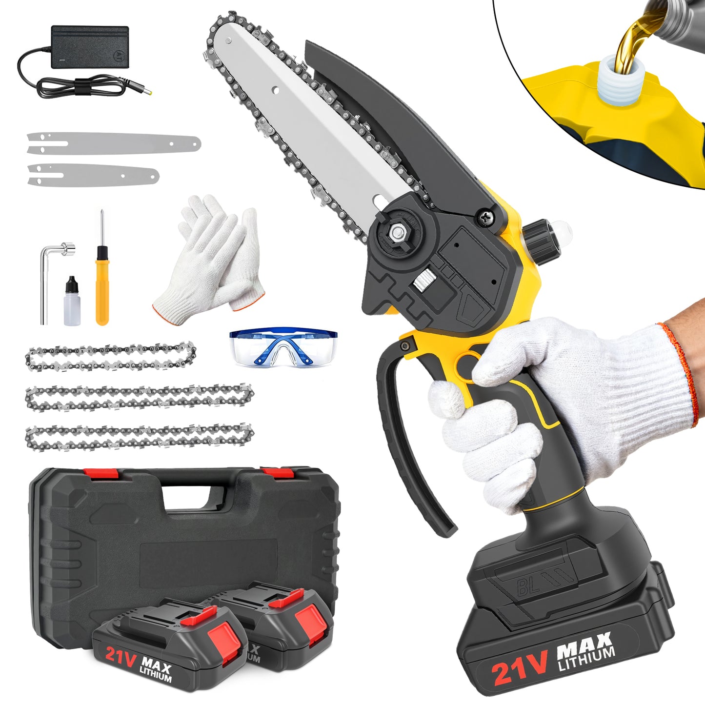 Mini Chainsaw Cordless, 6 inch & 4 inch Portable Electric Chainsaw with 2 Rechargeable Batteries and 3 Chains, for Tree Trimming Wood Cutting, Best Gifts for Father, Dad, Husband, Men, Yellow