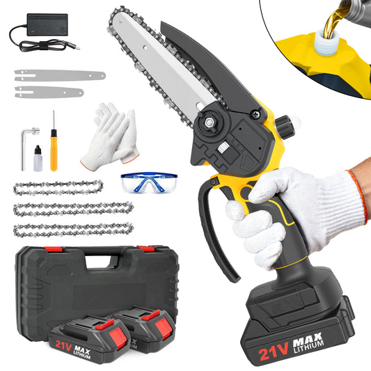 Mini Chainsaw Cordless, 6 inch & 4 inch Portable Electric Chainsaw with 2 Rechargeable Batteries and 3 Chains, for Tree Trimming Wood Cutting, Best Gifts for Father, Dad, Husband, Men, Yellow