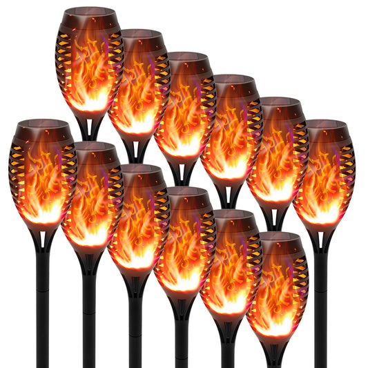 Ele-mall2024 Solar Tiki Torches, Flickering Flame & Waterproof, Solar Powered, 12-Pack