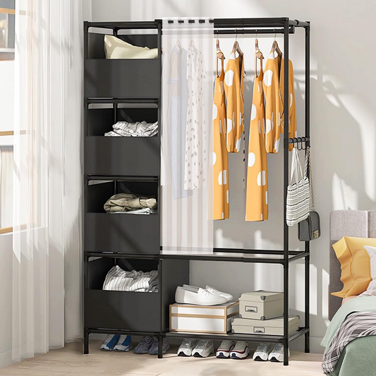 Clothing Rack for Hanging Clothes with Shelves, Portable Closet System Organizer Garment Rack for Clothes Storage, Metal Free Standing Wardrobe Clothes Organizer, Black