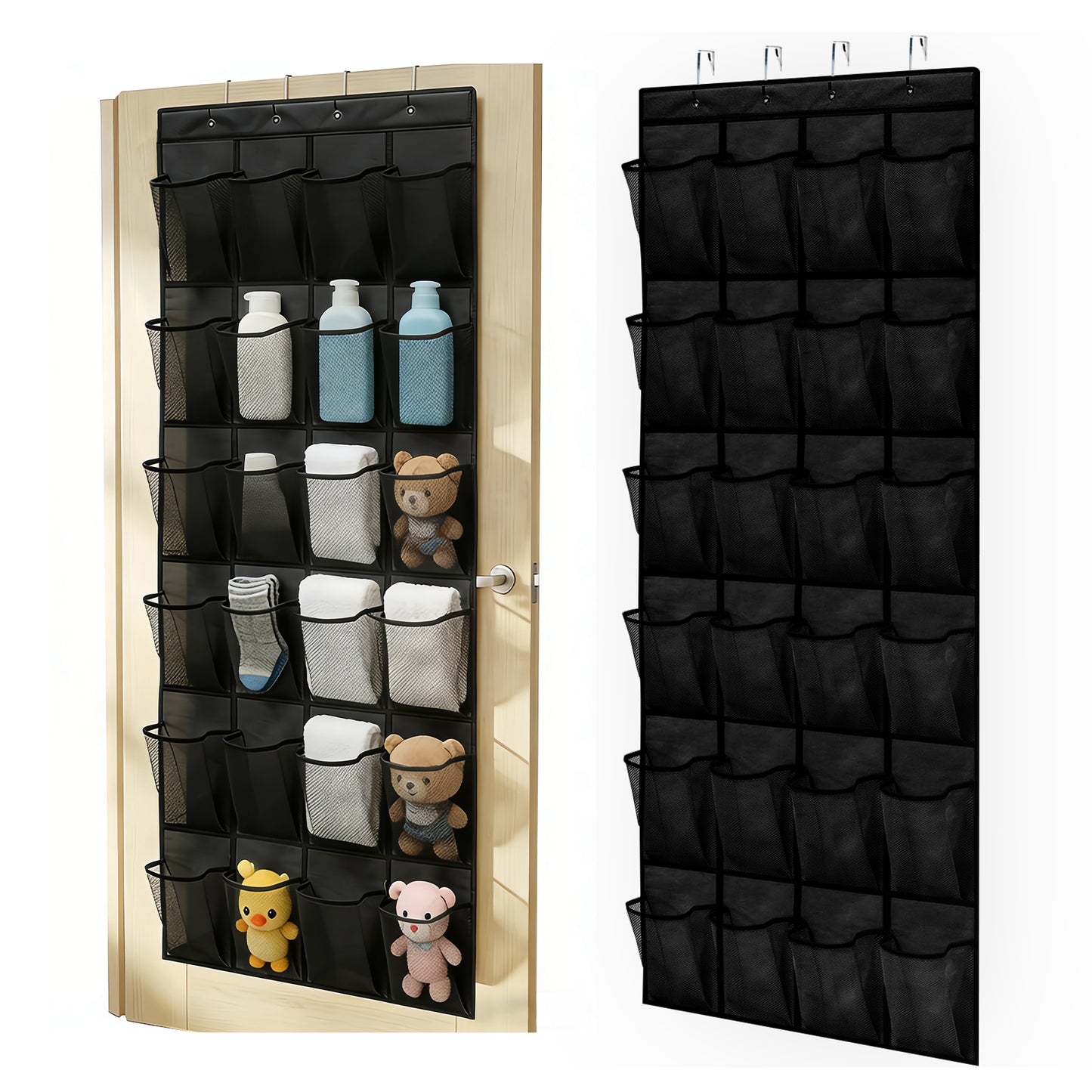 Over The Door Hanging Shoe Organizer, 24 Large Breathable Mesh Pockets, 2 Pack Hanging Shoe Storage Organizer, Black