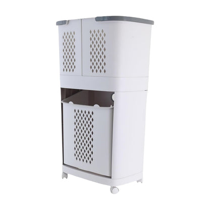 2 Tier Rolling Laundry Hamper Sorter, Removable Laundry Basket Cart with Wheels and Handle, White Portable Storage Baskets with 3 Deep Baskets for Kitchens, Bathrooms, Bedrooms and Laundry Rooms