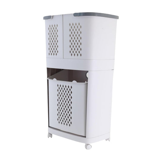 2 Tier Rolling Laundry Hamper Sorter, Removable Laundry Basket Cart with Wheels and Handle, White Portable Storage Baskets with 3 Deep Baskets for Kitchens, Bathrooms, Bedrooms and Laundry Rooms
