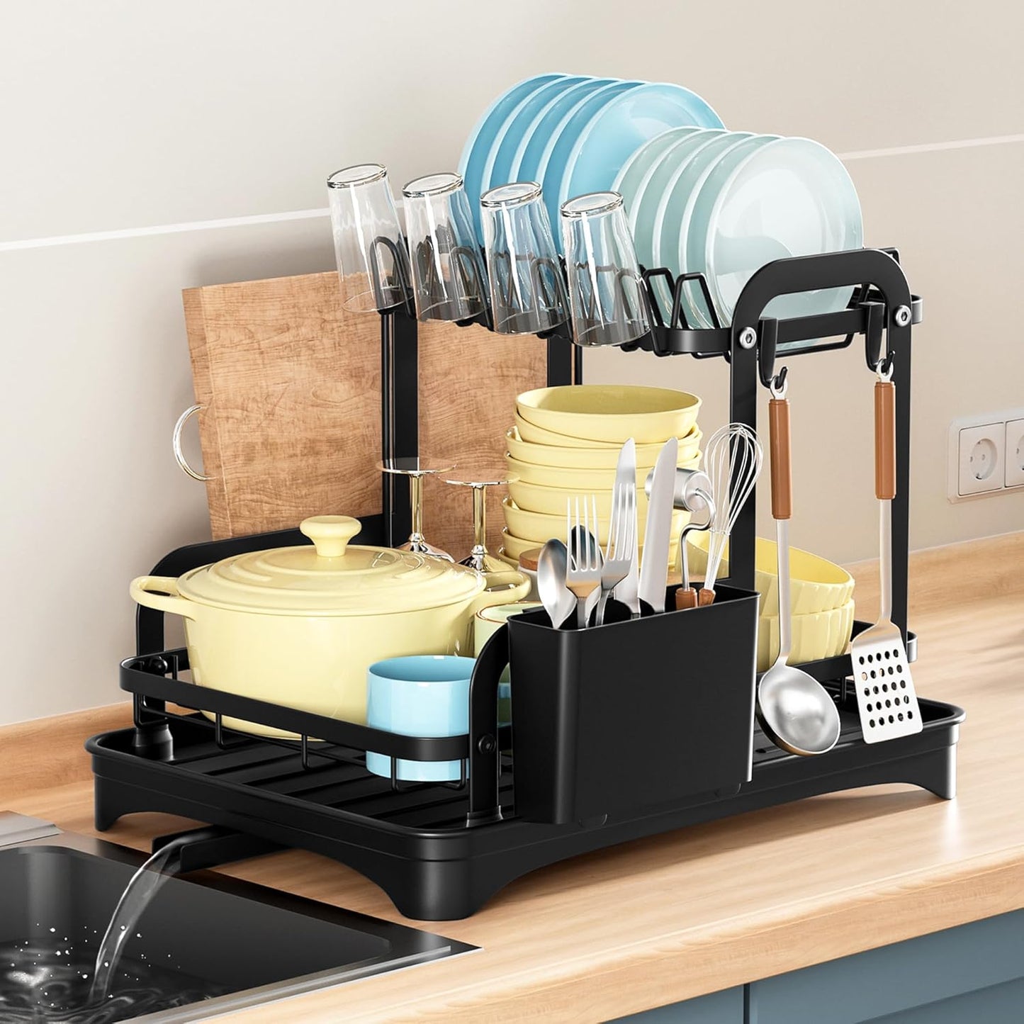 2-Tier Dish Rack for Kitchen, Dish Drying Rack with Drain Board Tray, Compact Dishing Rack with Utensil Holder, Cutting Board Holder, Kitchen Dishes Storage and Organizers