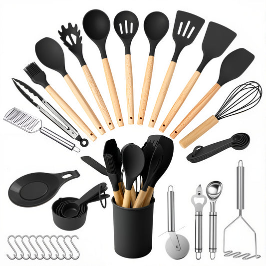 Silicone Cooking Utensils Set, Kitchen Utensils Set 38 Pcs for Cooking, Nonstick Kitchen Utensils Cookware Set Spatula Set, Black