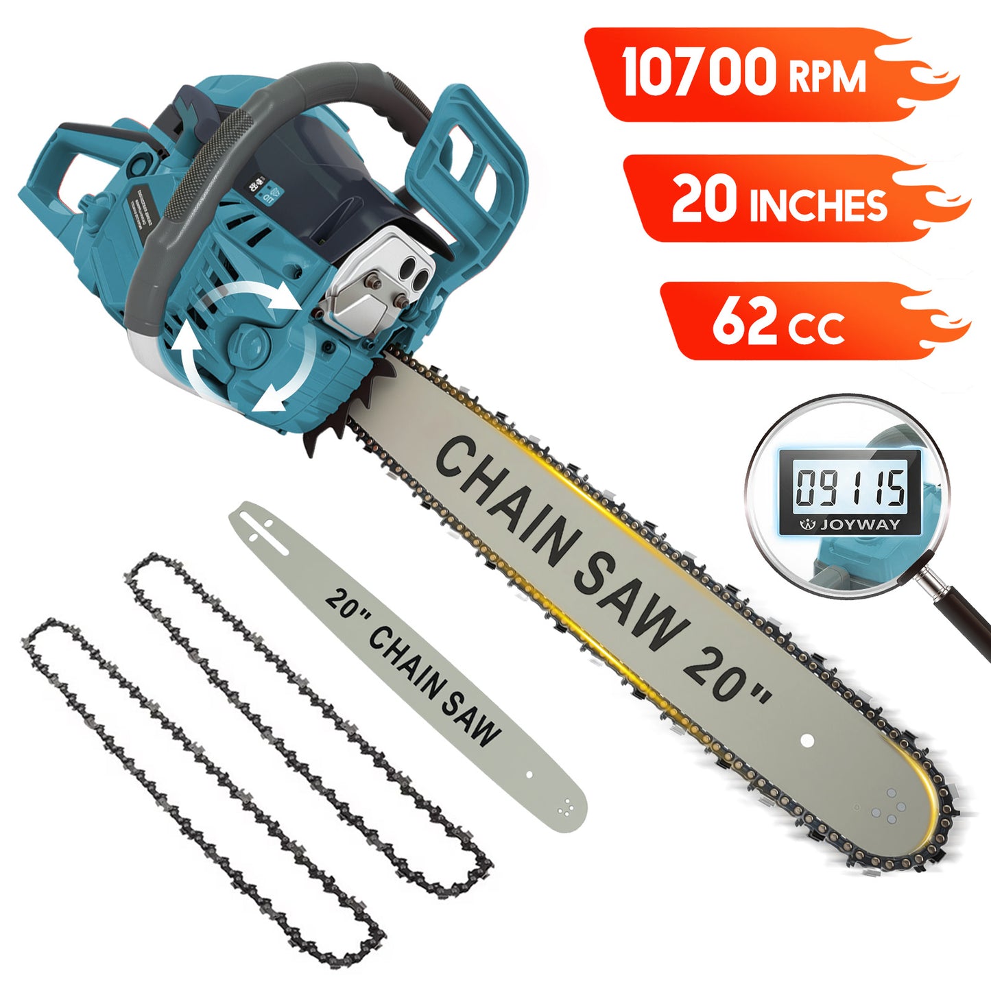 BAOKALER 20-Inch Gas Chainsaw, 3.4HP Powerful Chainsaws, 10700 RPM 2-Cycle 62CC Heavy Duty Gas Chainsaw, for Farm/Garden/Ranch/Wood Cutting