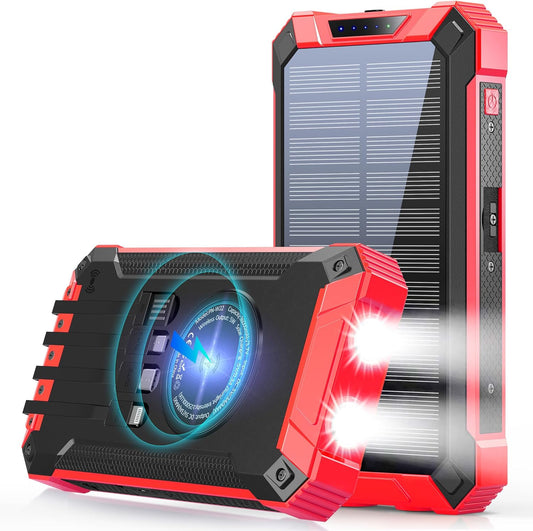 Power Bank Wireless Charger 46800mAh Built in 4 Cables Six Outputs 15W Fast Charging Power Bank for All Mobile Devices Three Inputs Solar Portable Charger with Dual Flashlights, Carabiner(Red)