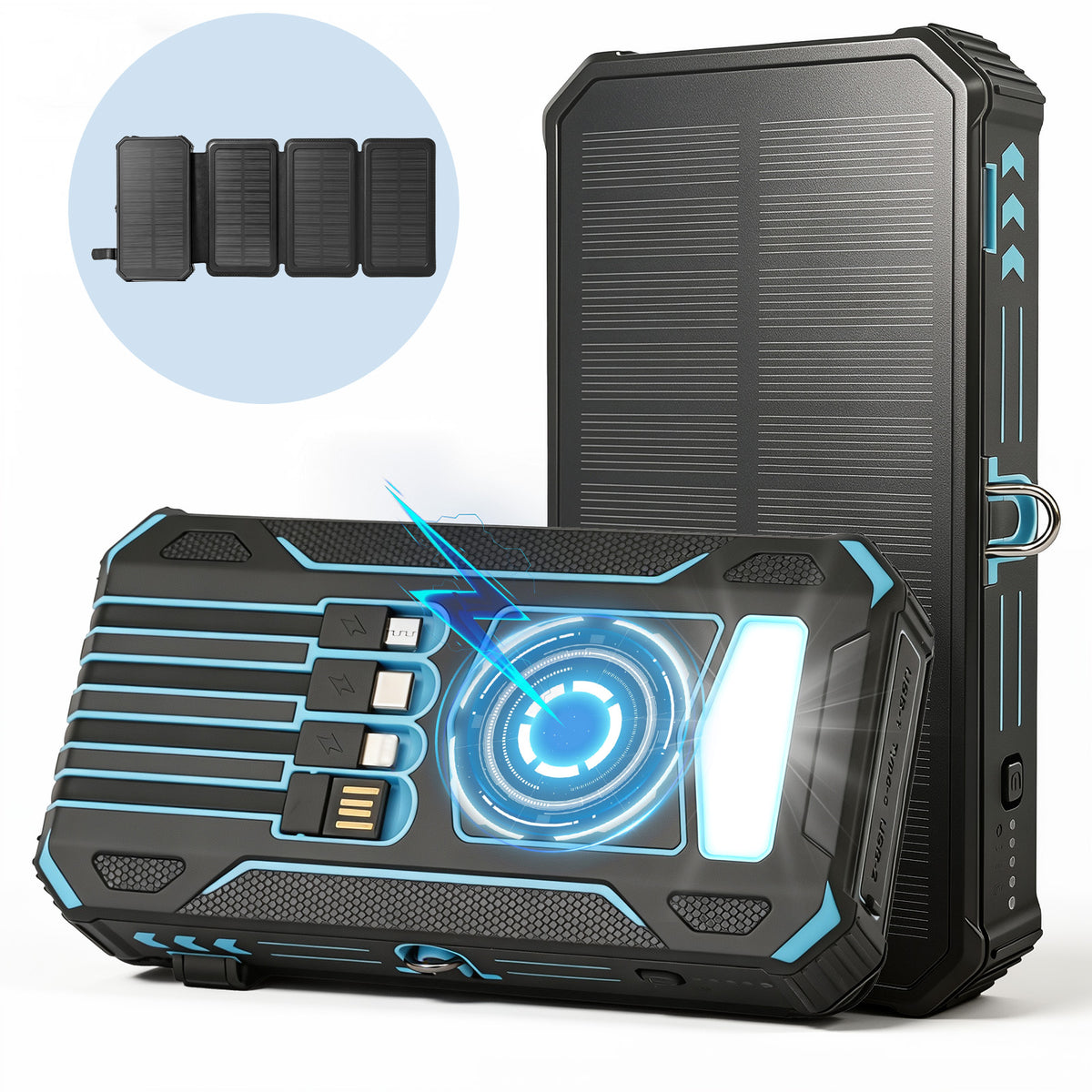 Solar Power Bank 46800mAh, PD15W Fast Charging Solar Charger with 4 Built-in Cables & Wireless Charging, Portable Solar Charger for Cell Phone, Solar Battery Pack for Camping (Blue)