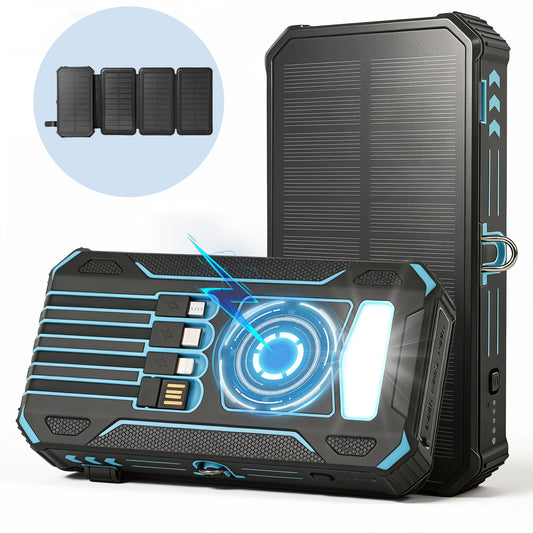 Solar Power Bank 20000mAh, PD15W Fast Charging Solar Charger with 4 Built-in Cables & Wireless Charging, Portable Solar Charger for Cell Phone, Solar Battery Pack for Camping (Blue)
