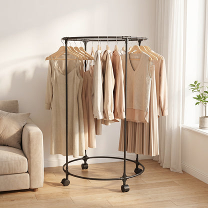 Clothes Rack, Rolling Round Garment Rack with 4 Universal Wheels and Shelf, Floor-Standing Clothes Hanging Rack for Bedroom, Black