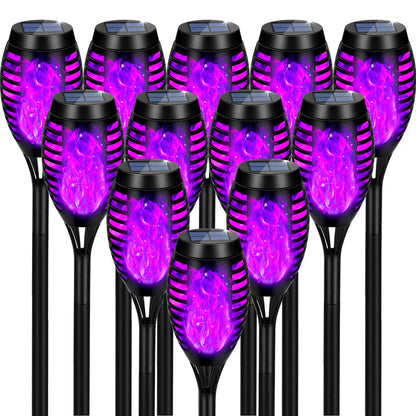 Solar Powered Outdoor Lights, 12PK Flickering Flame Solar Lights Outdoor Pathway, Solar Tiki Torches with Flickering Flame, Solar Garden Light Waterproof for Yard Decor, Landscape, Patio, Purple LED