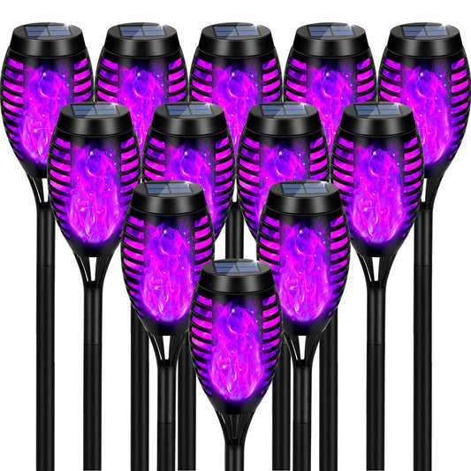 12 Pack Solar Torch Light with Flickering Flame, Outdoor Waterproof Lawn Lights, Solar Powered Pathway Lights for Garden Patio Yard Decoration,Purple