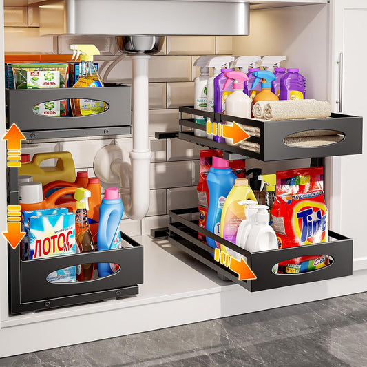2 PACK Under Sink Organizer, Pull Out Kitchen Cabinet Organizer, 2 Tier Slide Out Steel Under Sink Storage Shelf for Kitchen Pantry Bathroom, Black
