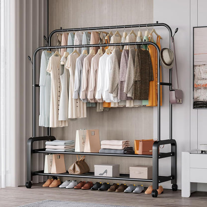 Double Rods Clothes Rack With Wheels, Portable Clothing Rack With Shelves & Hooks, Heavy Duty Garment Racks for Hanging Clothes, Multi-Functional Closet Rack for Bedroom, Black