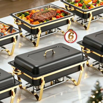 CATGOOD 9QT Chafing Dish Buffet Set 6 Pack, Black Gold Chafing Dishes, Stainless Steel Buffet Chafing Set with Space-Saving Design, Buffet Warmers for Parties, Catering Events