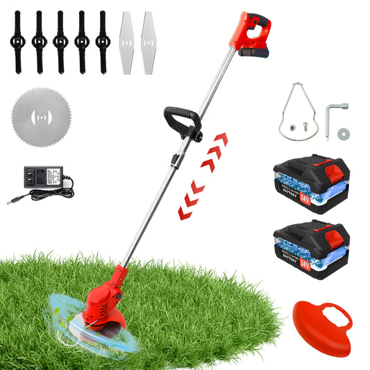 24V Electric Weed Trimmer, 650W Cordless Weed Wacker, Battery Powered Weed Eater for Lawn Yard Garden, 2PC 2000mAh Batteries and Charger, 3 Types of Blades, Red