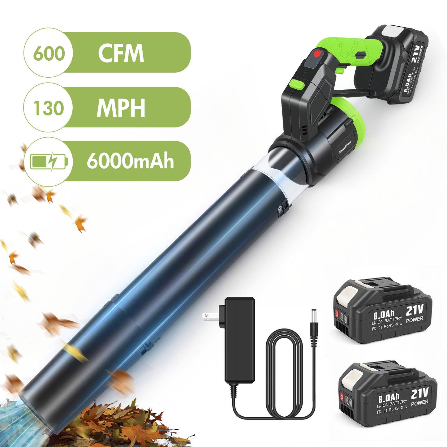BAOKALER 21V Electric Cordless Leaf Blower, 600CFM 130MPH Sonw Blower with 2¡Á6AH Batteries, 3 Speed Modes, 180¡ã Adjustable Tube, LED Display