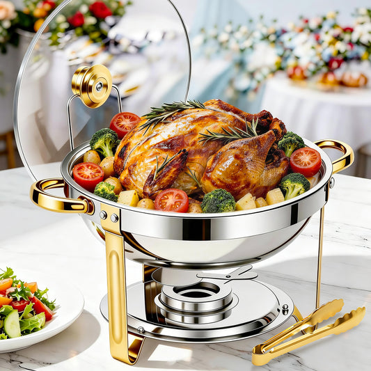 BAOKALER Chafing Dish for Buffet 1 Pack, 5.3QT Round Chafing Dish Buffet Set for Parties, Gold Stainless Steel Buffet Server and Warmer with 1 Serving Tong