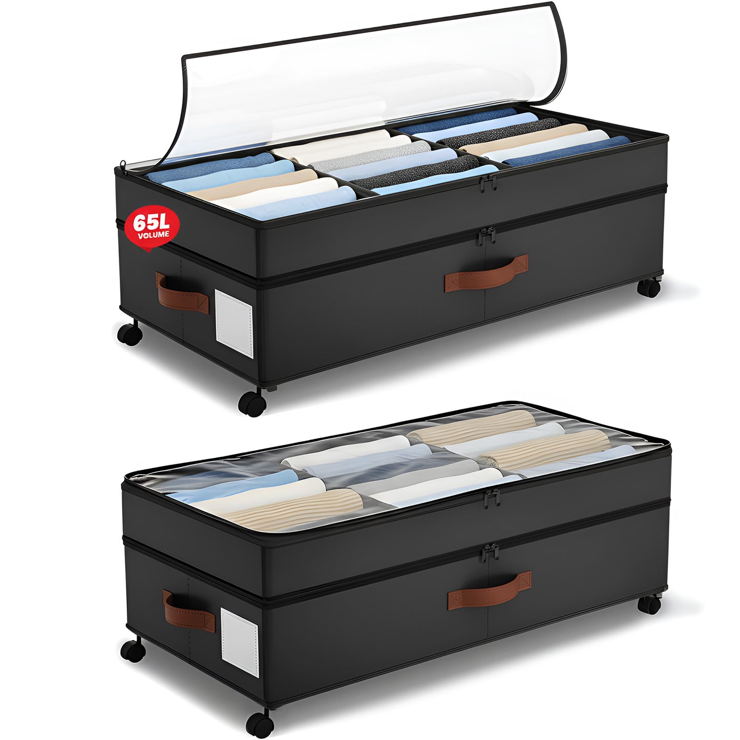 Under Bed Storage with Wheels 2-Pack, 65L XXL Under the Bed Storage Containers Large, 12" Tall Adjustable Storage for Underbed with Lids, Rolling for Shoes, Clothes, Blankets (Black)