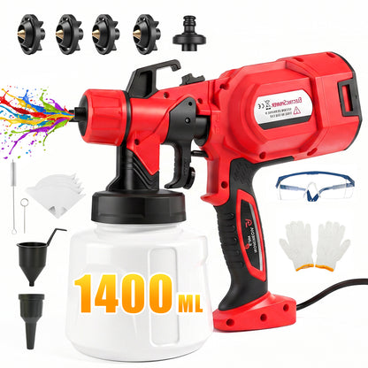 Baokaler Paint Sprayer, 1000W HVLP Electric Spray Gun with 1400ml Container, 4 Copper Nozzles & 3 Spray Patterns for Furniture, Cabinets, Walls, House Painting, Red