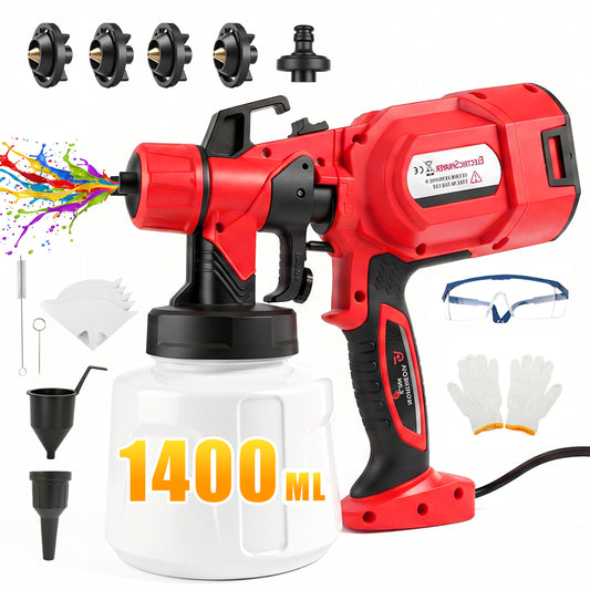 Baokaler Paint Sprayer, 1000W HVLP Electric Spray Gun with 1400ml Container, 4 Copper Nozzles & 3 Spray Patterns for Furniture, Cabinets, Walls, House Painting, Red
