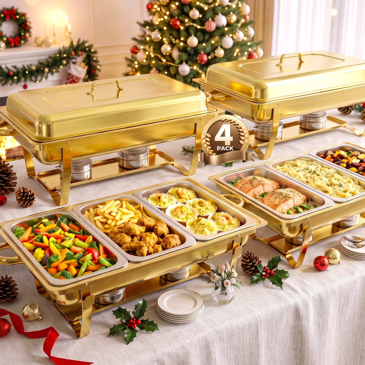 Gold Chafing Dish Buffet Set 4 Pack, 9QT Rectangular Stainless Steel Chafing Dishes with 3 Compartments, Party Food Warmer Buffet Set for Buffet Restaurants, Hotel Dining, Banquets