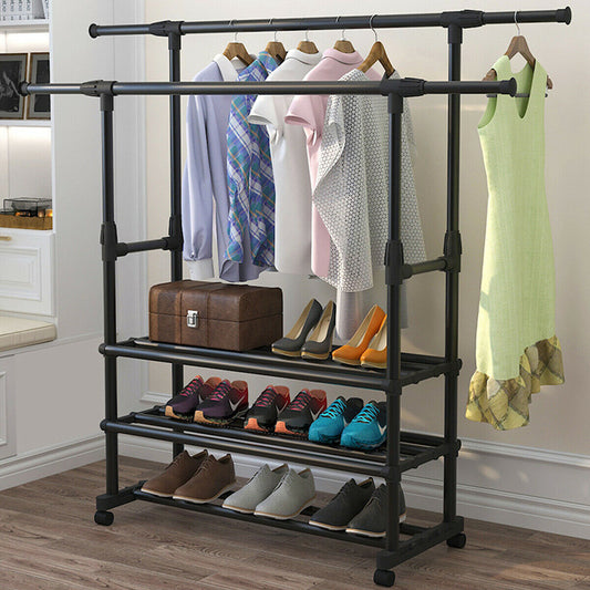 3 Tiers Double rails Hanging Garment rack on Wheels with Bottom Shelves for Shoes, Black