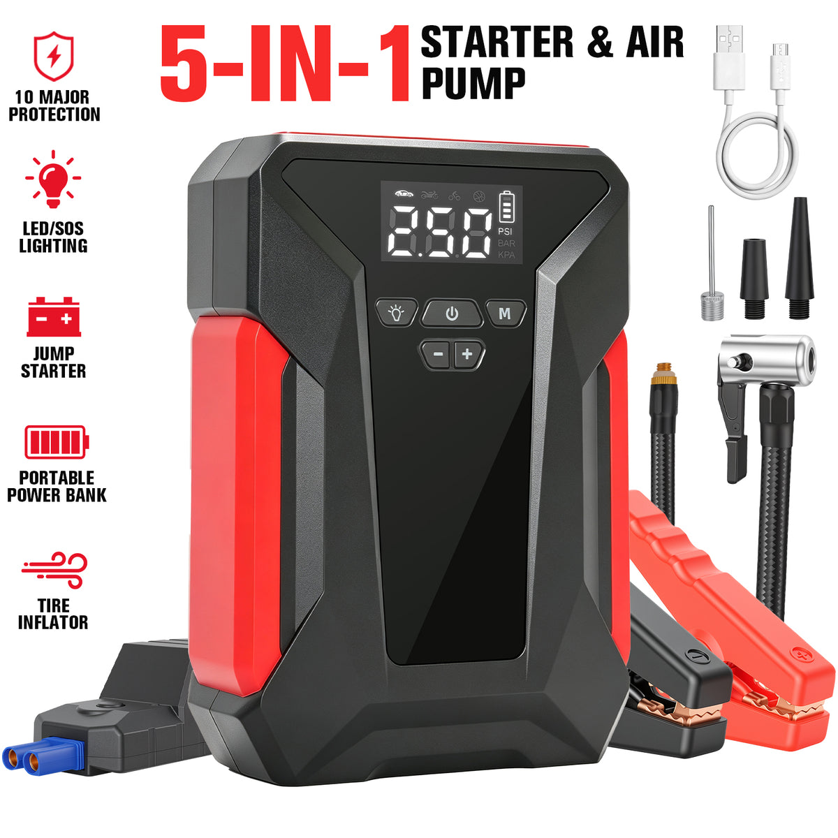 5 in 1 12V Car Jump Starter with Air Compressor, 1200A Peak Portable Jump Pack, 150PSI Digital Tire Inflator, 6000mAh Power Bank with LED Light for Cars Trucks SUVs