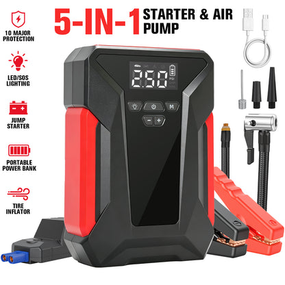 5 in 1 12V Car Jump Starter with Air Compressor, 1200A Peak Portable Jump Pack, 150PSI Digital Tire Inflator, 6000mAh Power Bank with LED Light for Cars Trucks SUVs