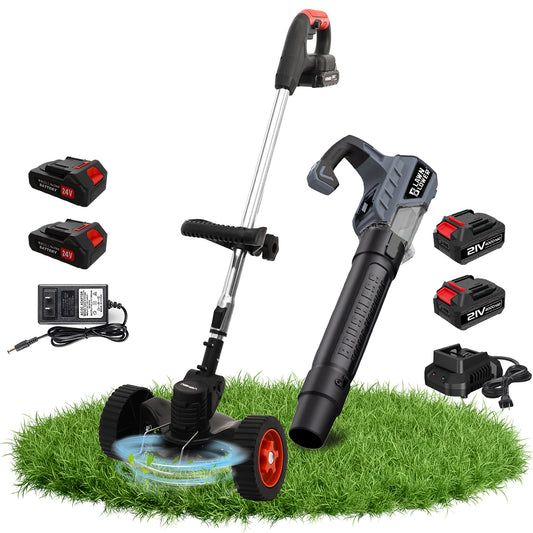 BAOKALER Lawn Care Combo Kit, Cordless Electric Weed Wacker with 3 Types of Blades and Adjustable Handle, 21V Brushless Cordless Electric Blower with 2*4000mAh Batteries