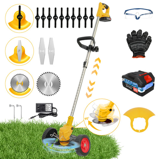 24V 3-in-1 Cordless Weed Wacker with Wheels, Cordless Grass Trimmer with 1*2000mAh Battery Powered Lawn Garden Tool