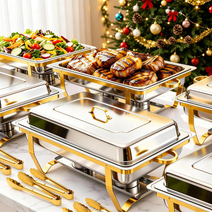 Chafing Dishes Buffet Set 6PK, Full-Size 9QT Stainless Steel Food Warmers with Gold Plated Stand, Buffet Server & Chafer Set, for Parties Weddings Catering Events