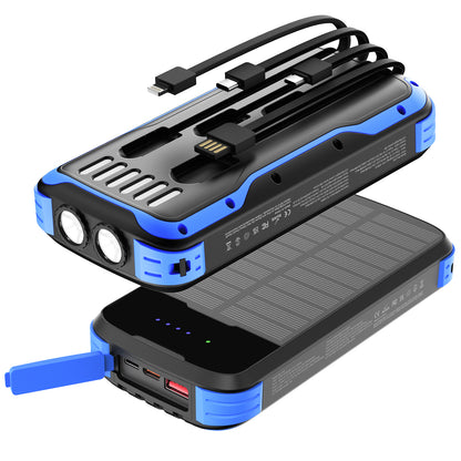 40000mAh Solar Power Bank Blue, Portable Charger 20W PD Fast Charging, Solar Charger Power Bank W/4 Built-in Cables & 9 Charging Ways, Waterproof Dual LED Flashlights for Camping Hiking