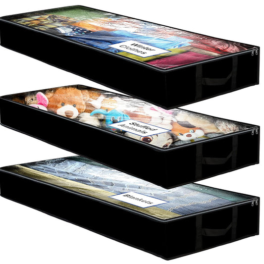 Underbed Storage Bag 90L, 3 Large Bins with Reinforced Handles Foldable Containers, Visible Clothes Storage Bags for Blanket Pillow Quilts, Closet Organizers, Black