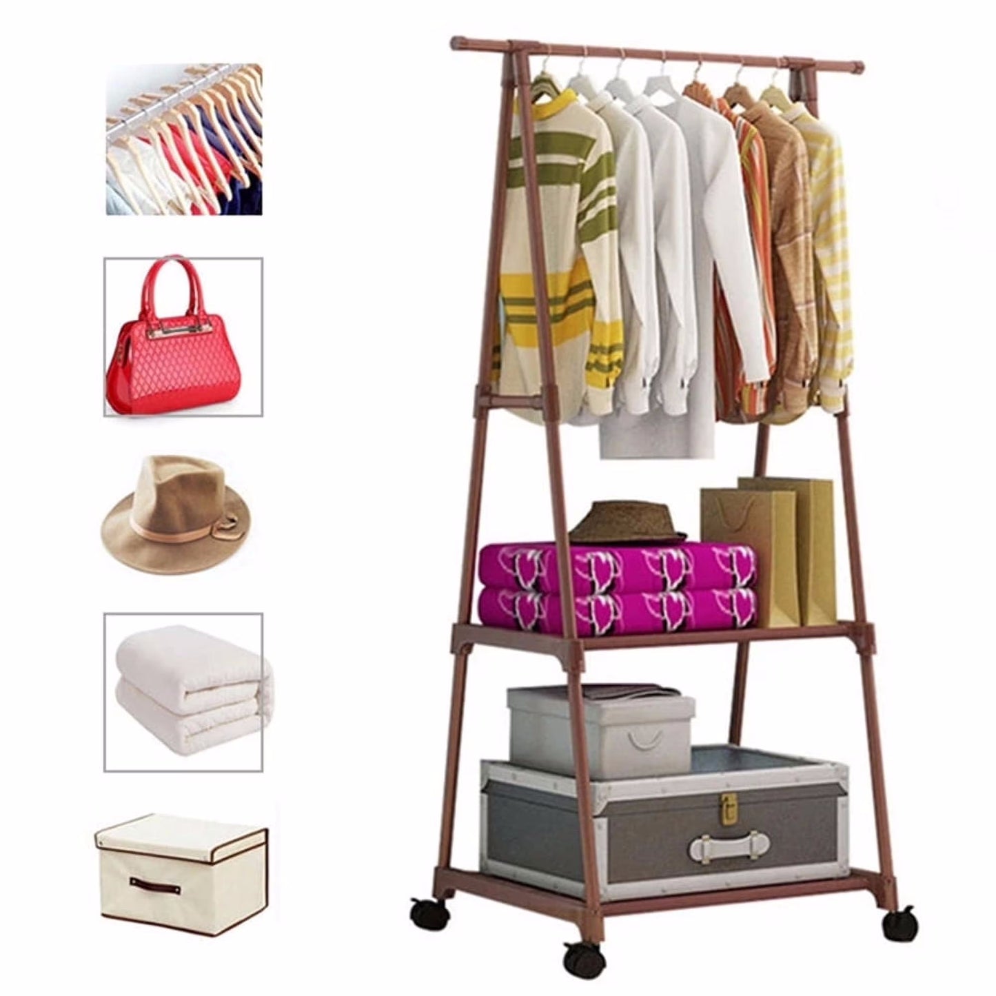 Clothes Rack on Wheels, Rolling Garment Rack with 2-Tier Storage Shelves for Shoes, Clothes, Portable Garment Laundry Rack for Home Office, Brown