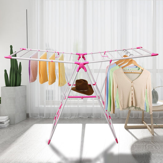 2-Tier Winged Collapsible Clothes Hanger, Stainless Steel Indoor/Outdoor Clothes Drying Rack, Space-Saving, Red