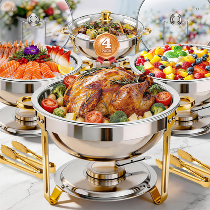 BAOKALER Chafing Dishes for Buffet 4 Pack, 5.3QT Round Chafing Dish Buffet Set for Parties, Gold Stainless Steel Buffet Servers and Warmers with 4 Serving Tongs