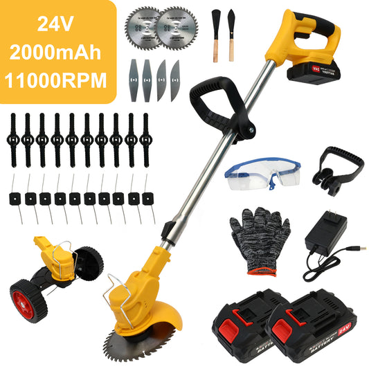 650W Weed Trimmer Cordless, 24V 2000mAh Battery Operated Weed Eater Electric Grass Trimmer with Wheels, 3 in 1 Battery Powered Weed Wacker with 3 Types Blades for Yard Garden, Yellow
