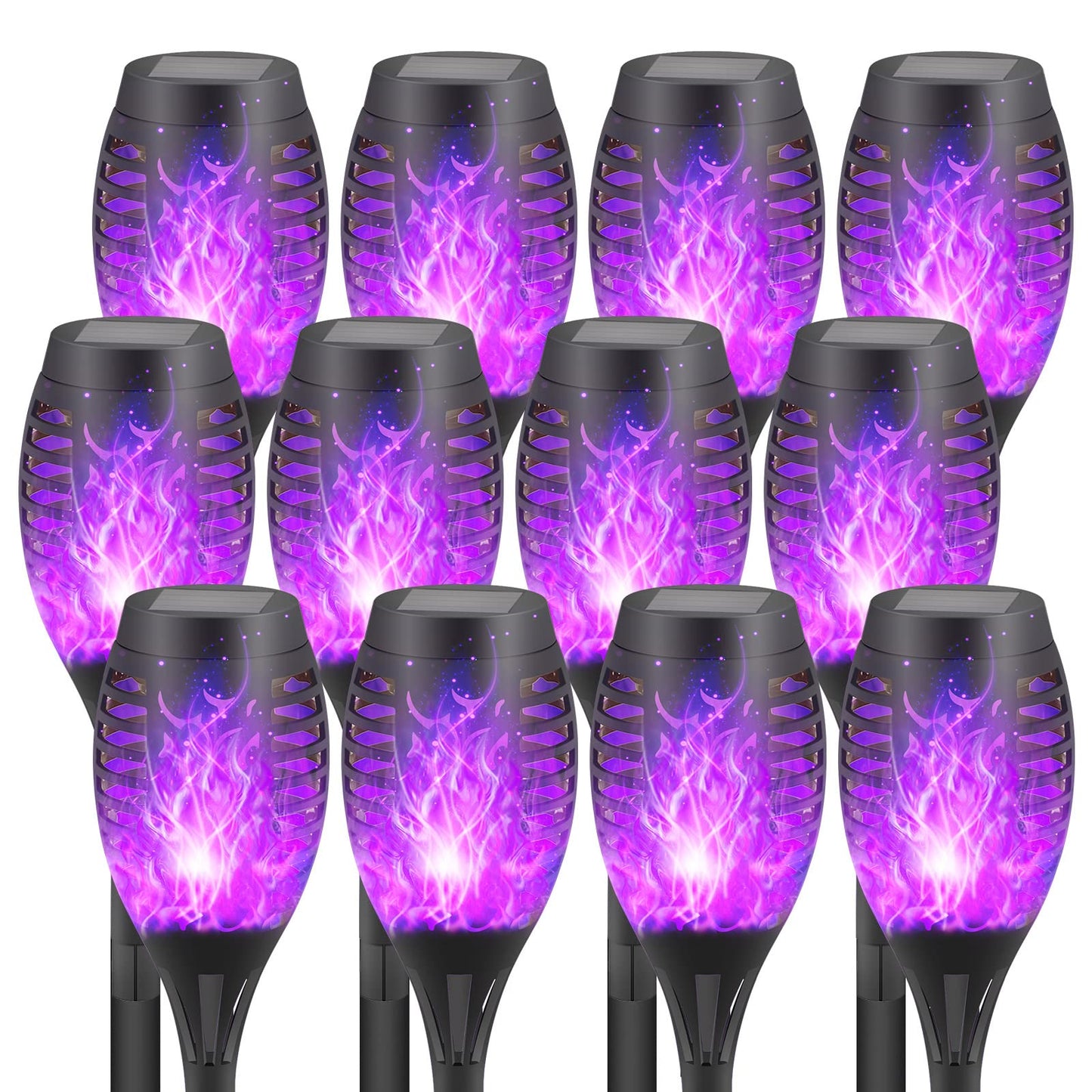 12 Pack Solar Tiki Torches, Flickering Yard Lights Outdoor Solar Powered Waterproof, Solar Pathway Lights for Garden Decor, Yard Decor, Landscape, Purple LED