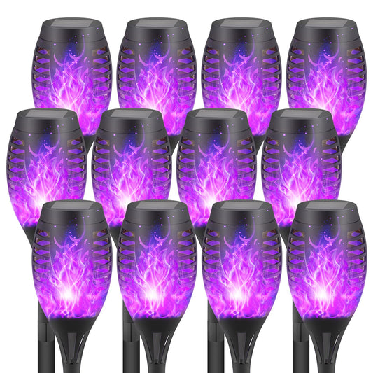 12 Pack Solar Tiki Torches, Flickering Yard Lights Outdoor Solar Powered Waterproof, Solar Pathway Lights for Garden Decor, Yard Decor, Landscape, Purple LED